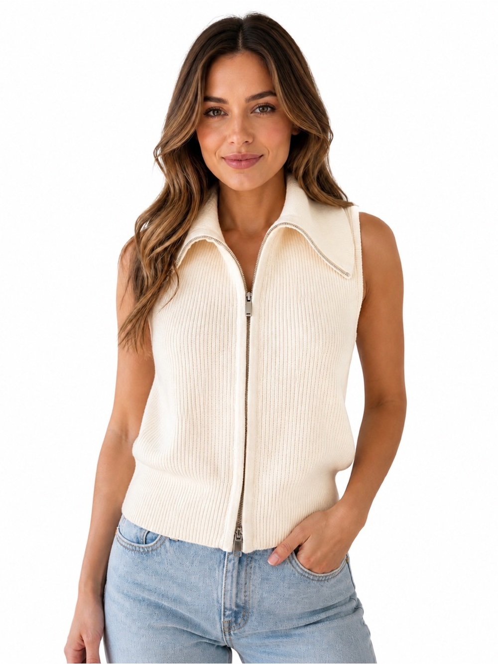 🩷 2 for $40- Joie Cream Ribbed Zip Front Sleeveless Sweater Vest M (0011)